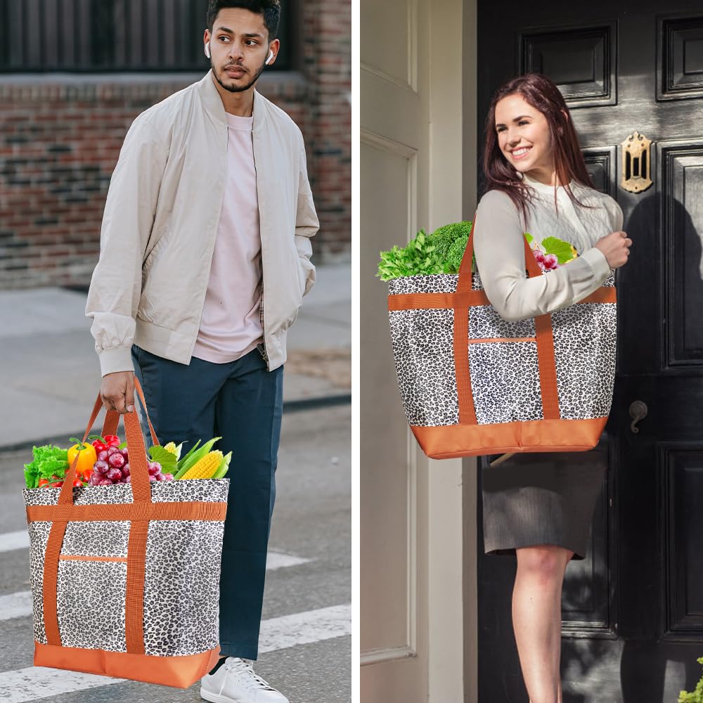 Insulated Reusable Tote Bag for Grocery Shopping for Women/Men, Pizza/Food Delivery Bag to Keep Food Cold/Hot for Commercial Delivery Services, Cooler bags for Travel/Beach/Picnic, Cow Print
