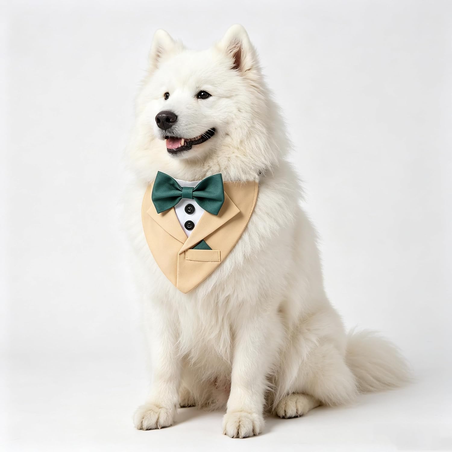 Yellow Dog Bandana with Green Bowtie, Formal Dog Collar Costume, Tuxedo Dog Collar for Wedding Engagement and Birthday (L)