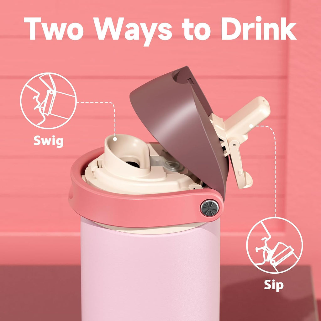 24 oz Insulated Water Bottle for Sports: Meoky Stainless Steel Water Bottle with Straw and Spout Lid - Leak Proof, Cold for 24 Hours, Fits in Car Cup Holder, BPA-Free for Women Travel, Angel Food Cake