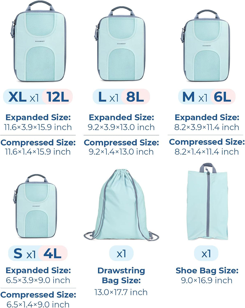 BAGSMART 6 Set Compression Packing Cubes, Travel Luggage Organizer Bags