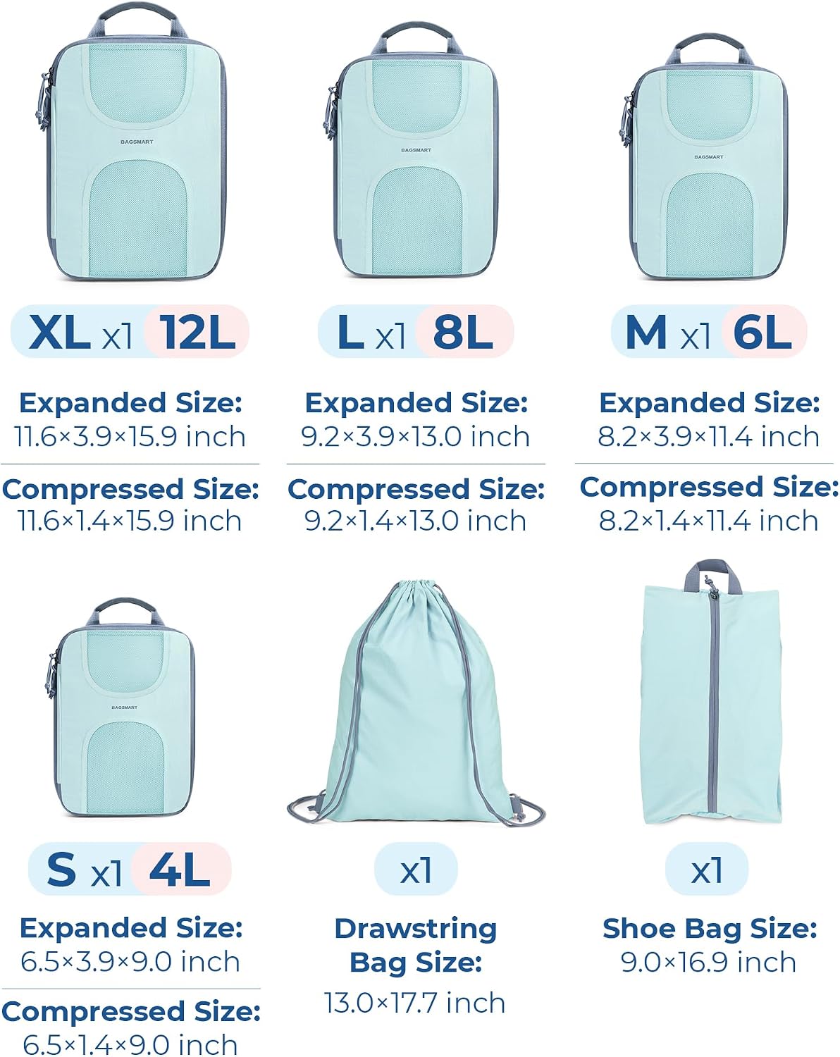 BAGSMART 6 Set Compression Packing Cubes, Travel Luggage Organizer Bags