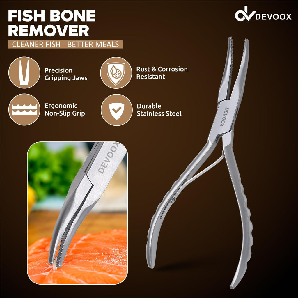 Fish Bone Pliers Curved 6.5" Stainless Steel Japanese Made Needle Nose Pliers for Premium Food Grade Fish Bone Tweezers with Heavy Duty Pin Bone Remover with Non-Slip Grip Fish Deboning Plier.