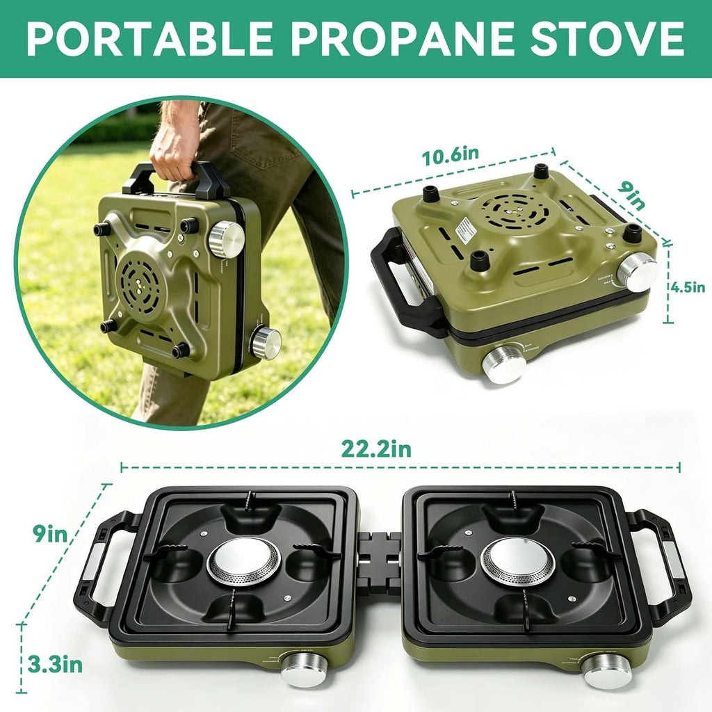 2 Burner Portable Propane Camping Stove Kit, 24000 BTU Foldable Hiking Stove with Frying Pan, Pot, Windshield & Carry Bag, Outdoor Cookware Camp Cooking Set for Tailgating, BBQ, Picnic, Green