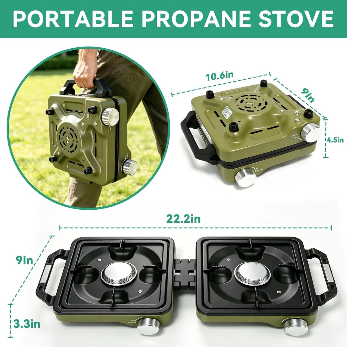 2 Burner Portable Propane Camping Stove Kit, 24000 BTU Foldable Hiking Stove with Frying Pan, Pot, Windshield & Carry Bag, Outdoor Cookware Camp Cooking Set for Tailgating, BBQ, Picnic, Green