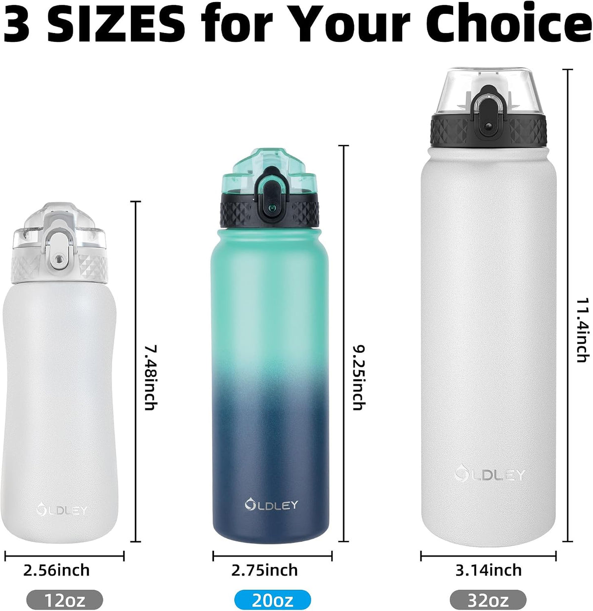 Oldley Insulated Water Bottle 20oz for Adults Kids Stainless Steel Water Bottles with Straw/Chug/Carabiner 3 Lids Fruit Strainer Double Wall Vacuum Wide Mouth BPA Free Leak-Proof for School Travel