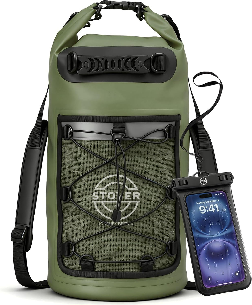 STOVER 5/10/25/30/40L Waterproof Dry Backpack & Phone Case- Large Floating Dry Bag for Kayaking, Travel, Hiking, Fishing, Camping, Motorcycles & Beach, Heavy-Duty Roll Top Men/Women (Green)