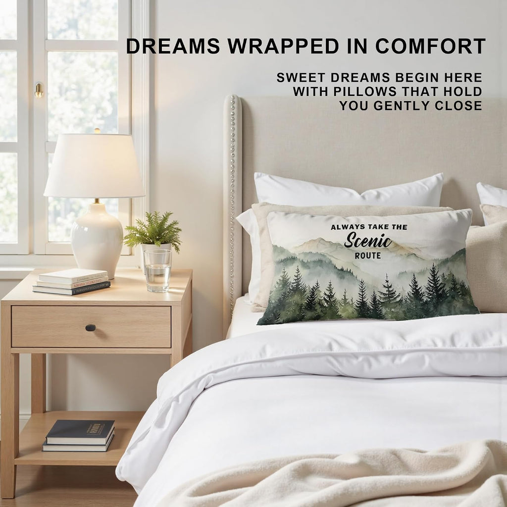 Camping Pillow Cover 12x20,Always Take The Scenic Route,Forest Green Mountain Woods Design,Decorative Rv Camper Pillows,Nature Lover Cottage Core Gifts