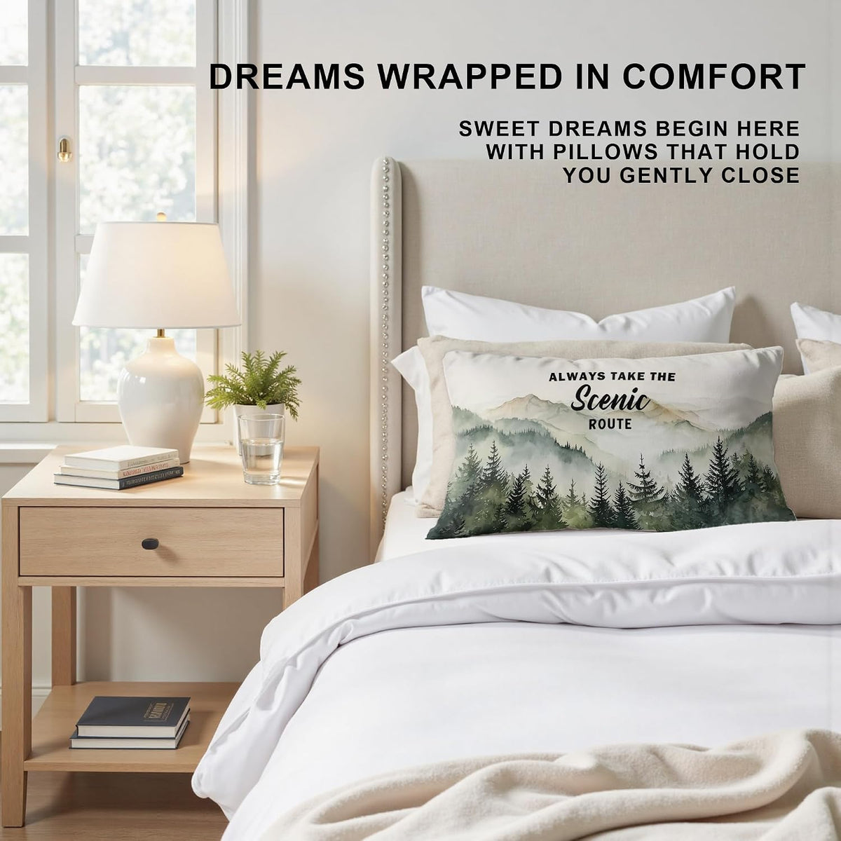 Camping Pillow Cover 12x20,Always Take The Scenic Route,Forest Green Mountain Woods Design,Decorative Rv Camper Pillows,Nature Lover Cottage Core Gifts