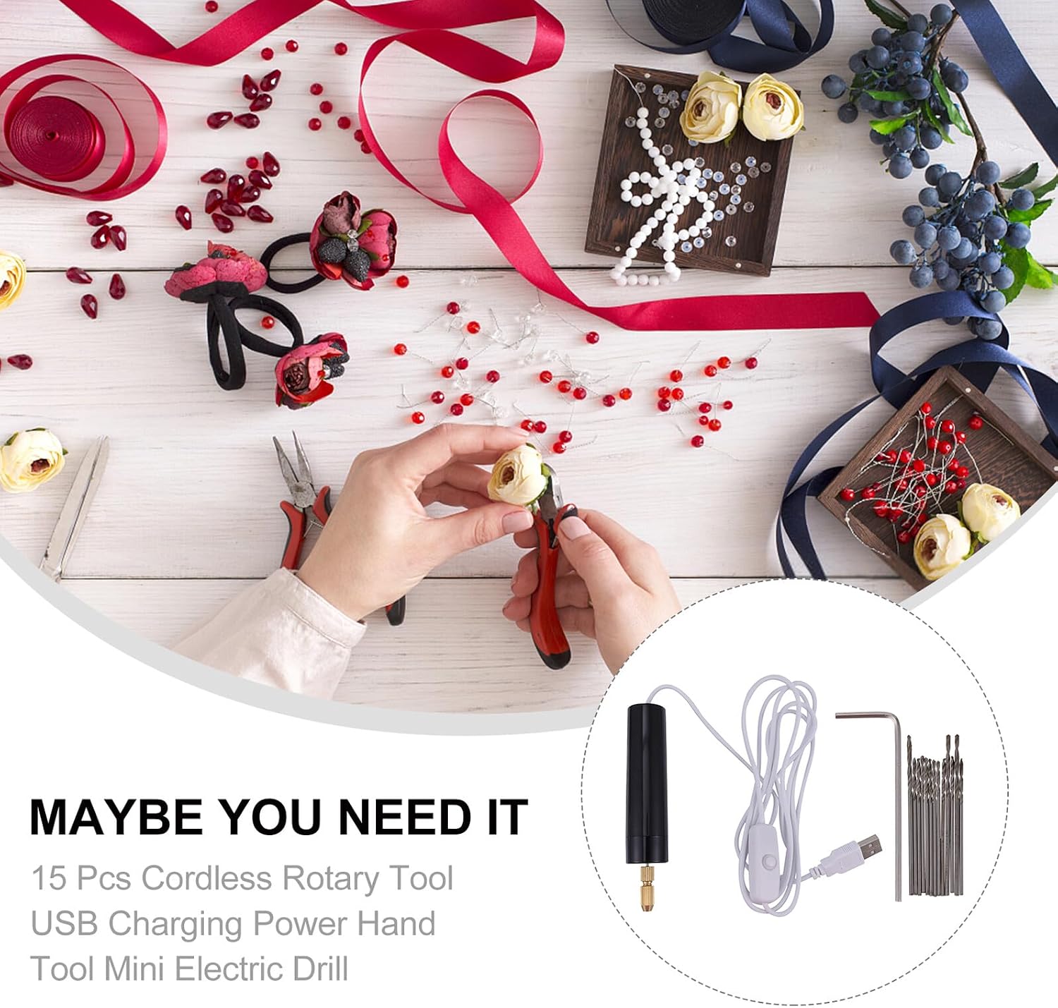 Portable Mini Electric Drill 15 Piece USB Handheld Tool for Wood Stone
