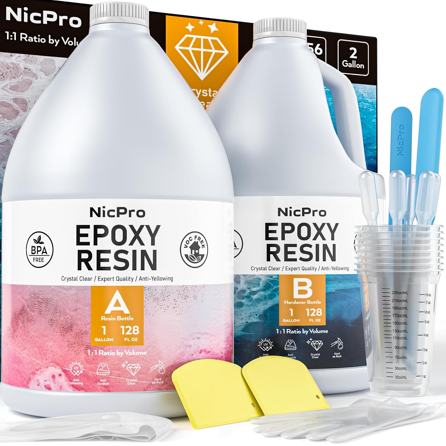 Nicpro 2 Gallon Crystal Clear Epoxy Resin Kit, High Gloss Resin