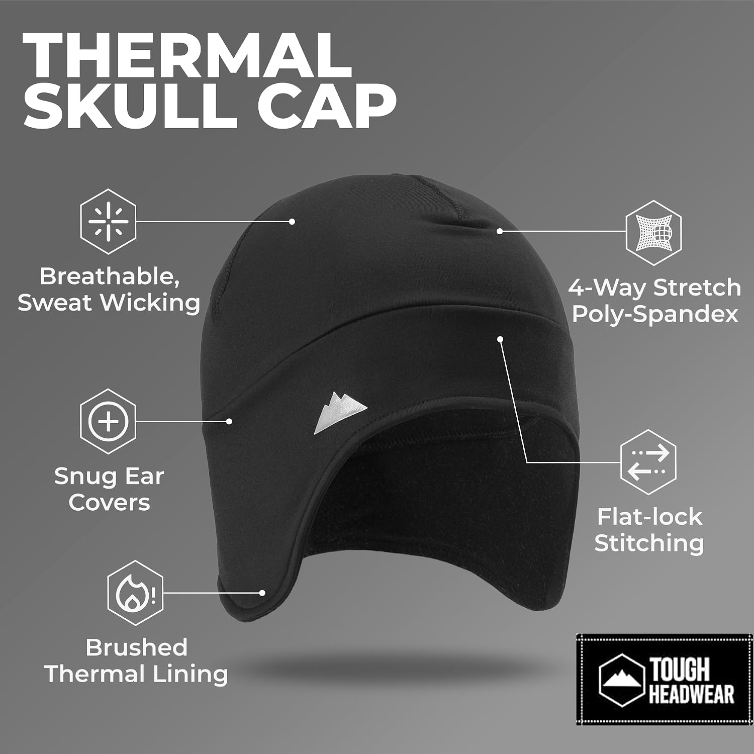 Tough Headwear Thermal Skull Cap - Moisture-Wicking Running Beanie - Snug Fit Ski Helmet Liner - Lightweight Cycling Cap