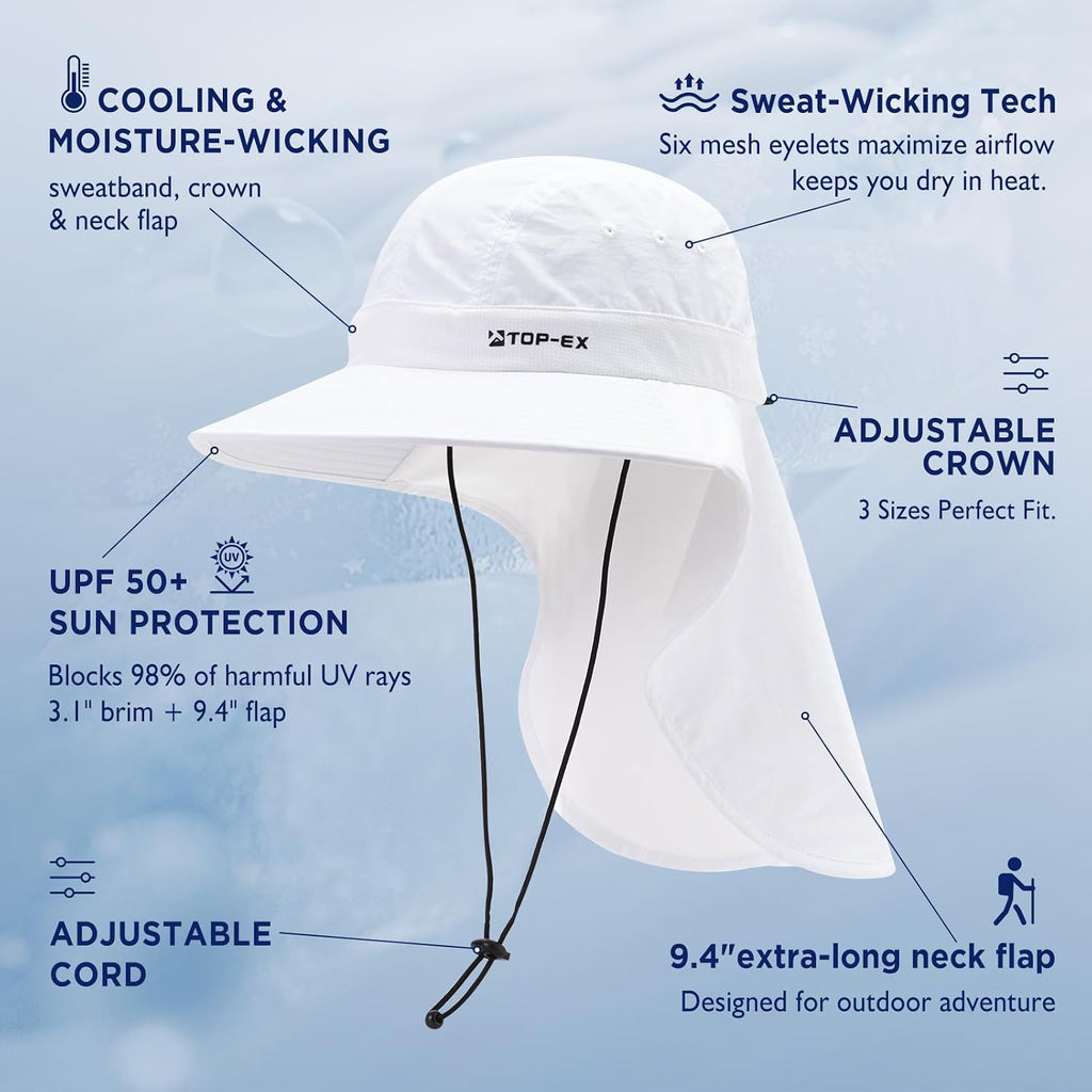 TOP-EX UPF 50+ Cooling Wide Brim Sun Hat for Men with Neck Flap, Packable