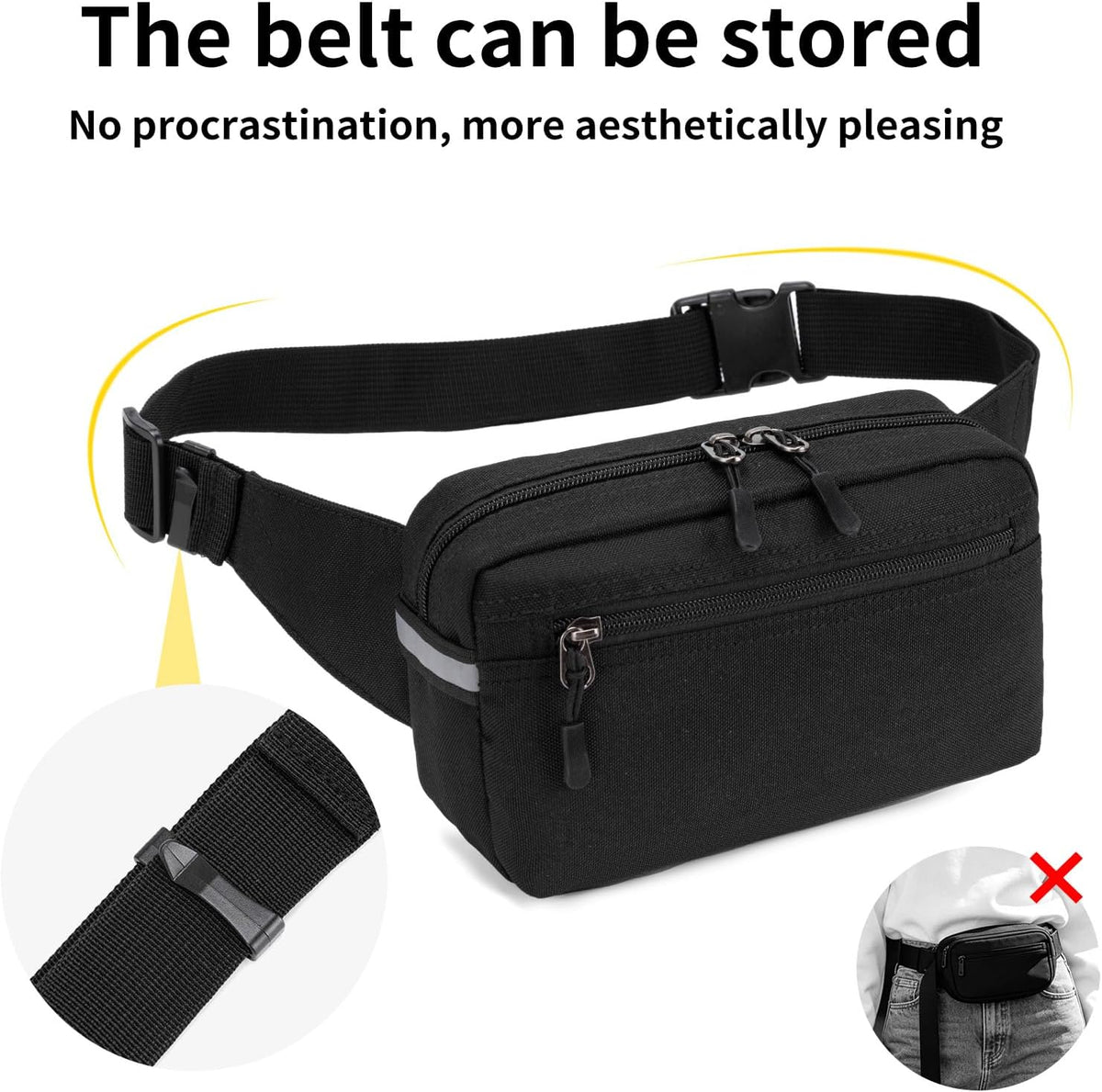 Mini Hiking Waist Bag, 3-Pocket 1.7L RFID Blocking Fanny Pack for Men Women (Black)