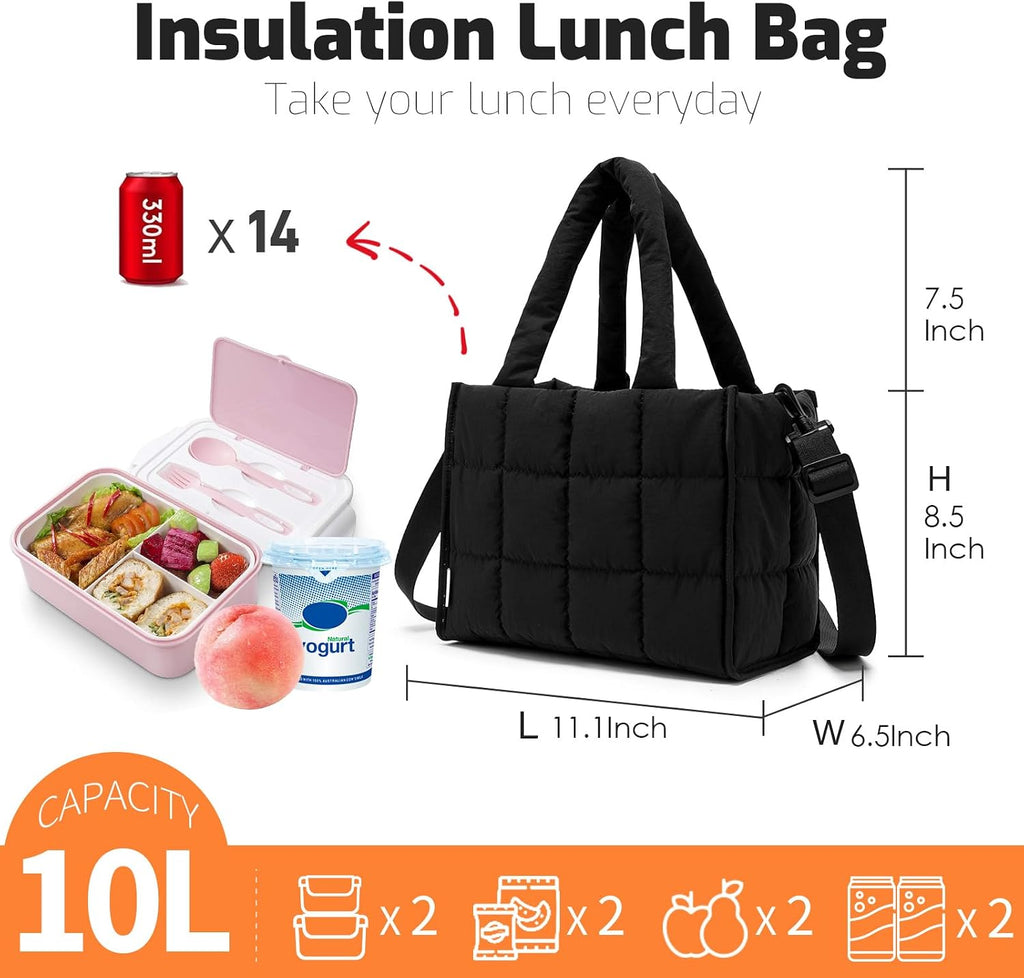 NOL Women's Nylon Lunch Cooler Quilted Tote Bag Puffy Insulated Lunch Bag for Women, Lightweight Waterproof Lunch Box for Work, Picnic, Outdoors,Black