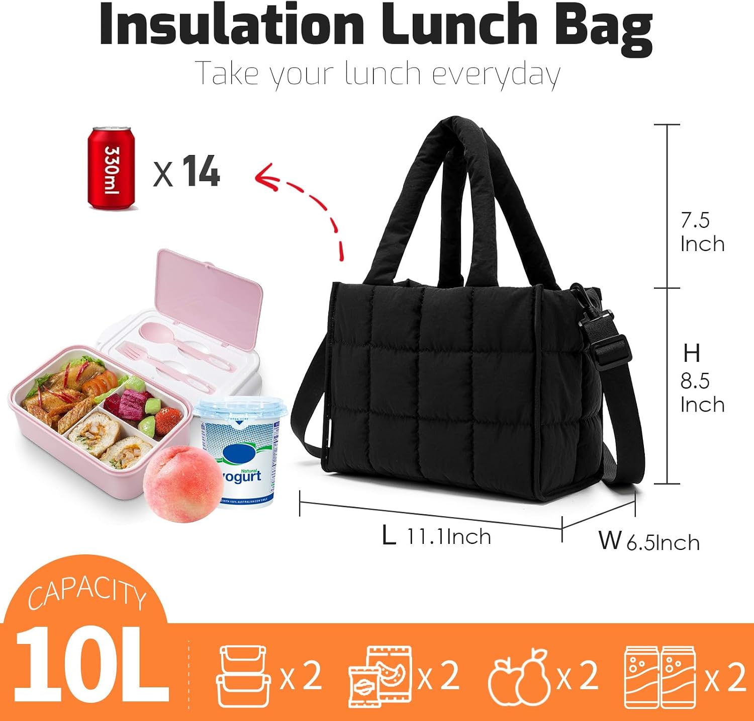 NOL Women's Nylon Lunch Cooler Quilted Tote Bag Puffy Insulated Lunch Bag for Women, Lightweight Waterproof Lunch Box for Work, Picnic, Outdoors,Black