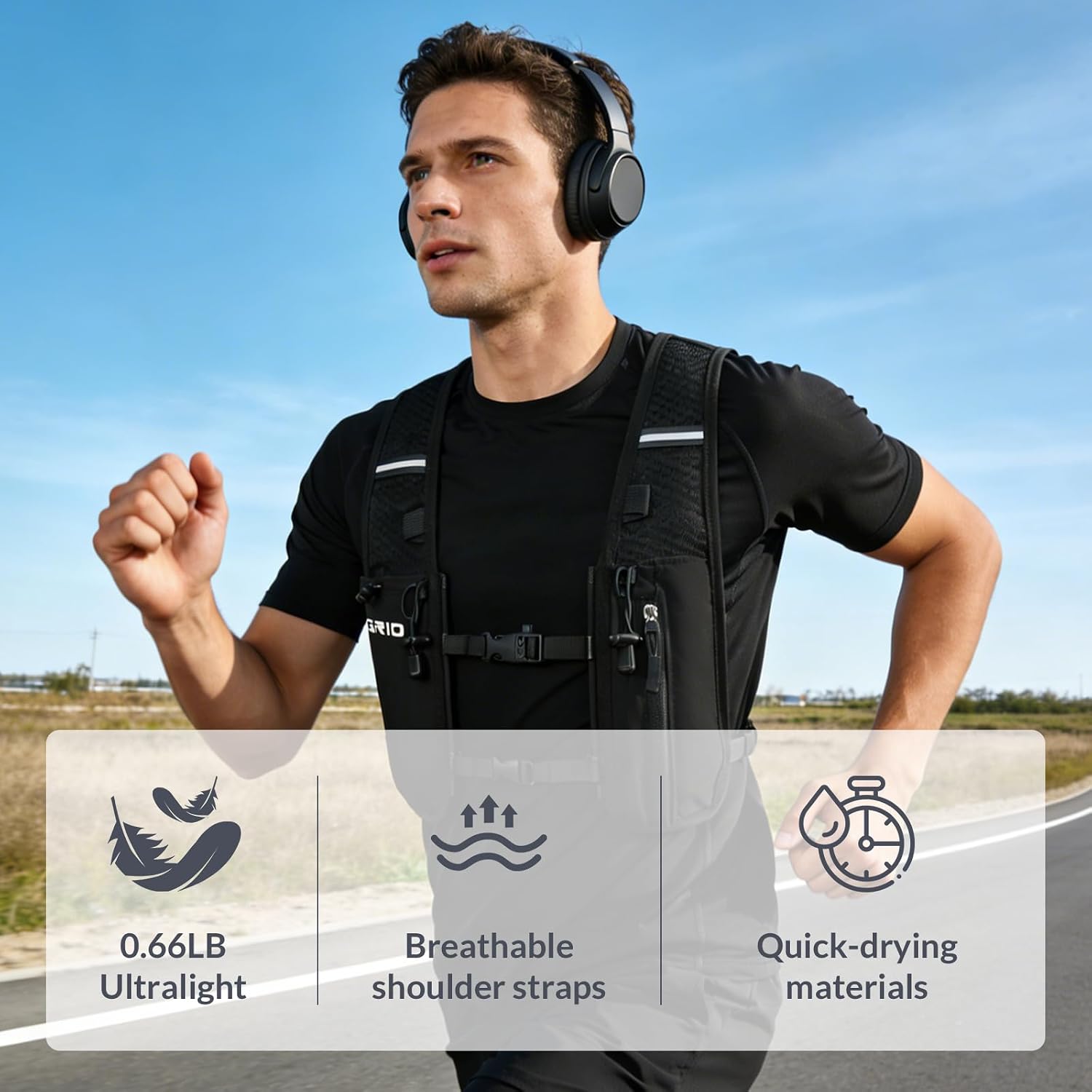 GRIO Hydration Running Vest for Women Men, Water Backpack for Hiking ,with 1.5L Water Bladder, Lightweight Breathable Reflective Hydration Pack for Marathon, Trail, Hiking, Cycling