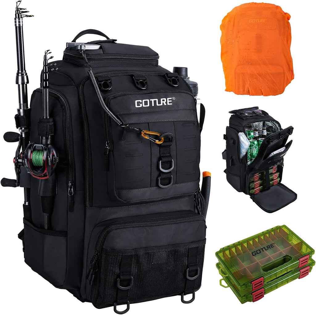 Goture 40L Black Fishing Tackle Backpack w/Cooler & fishing tackle boxes