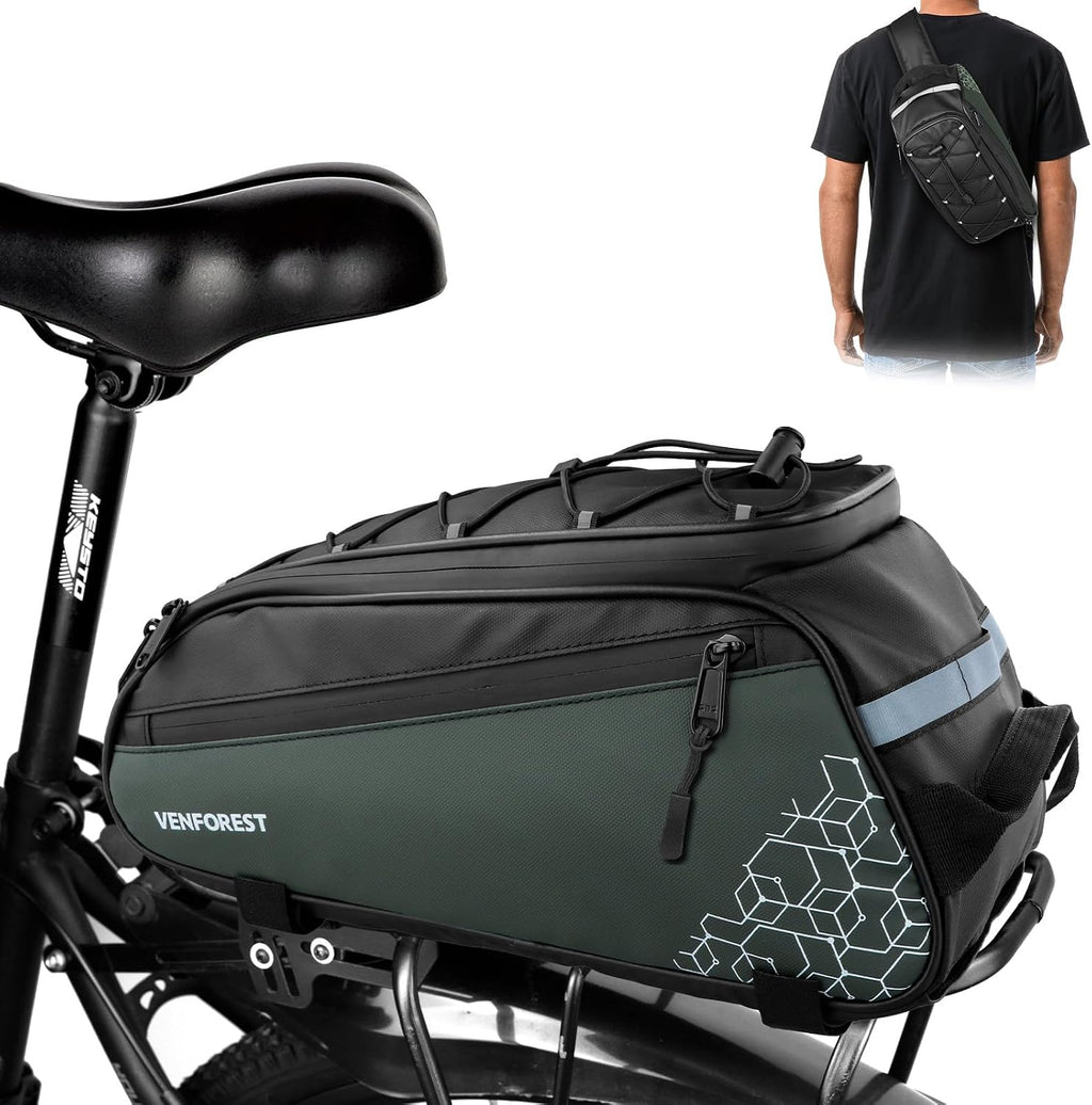 Bike Rear Rack Bag,9L PVC Waterproof Bike Trunk Bag for Road and Mountain Bikes,Bicycle Rear Seat Bag with Rain Cover Bike Saddle Bag for Cycling Trip (Brown green)