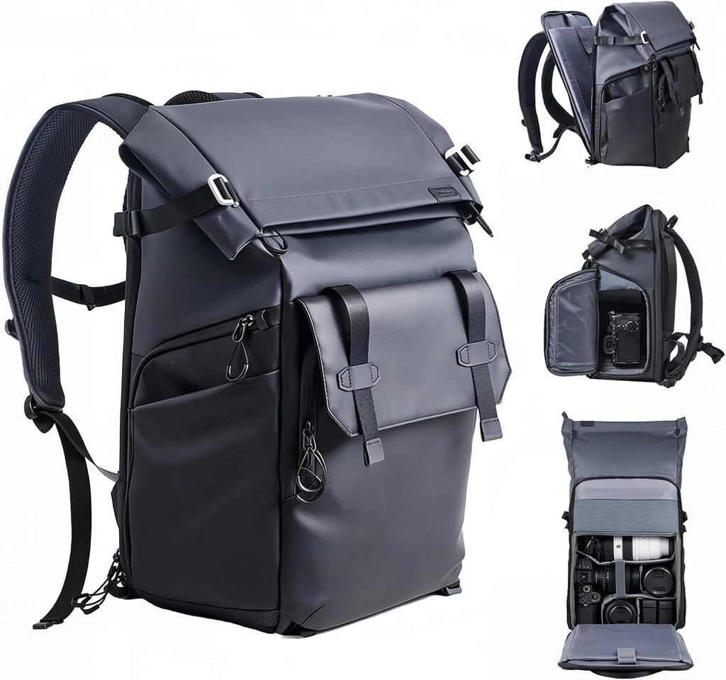 llano 25L Camera Backpack, Camera Bag for Sony Canon Nikon Drone, DSLR Mirrorless Bag for Photography, Expanable Rolltop Travel Backpack, 15,6" Laptop, Splash-WaterPoof, Tripod Holder, Black Gray