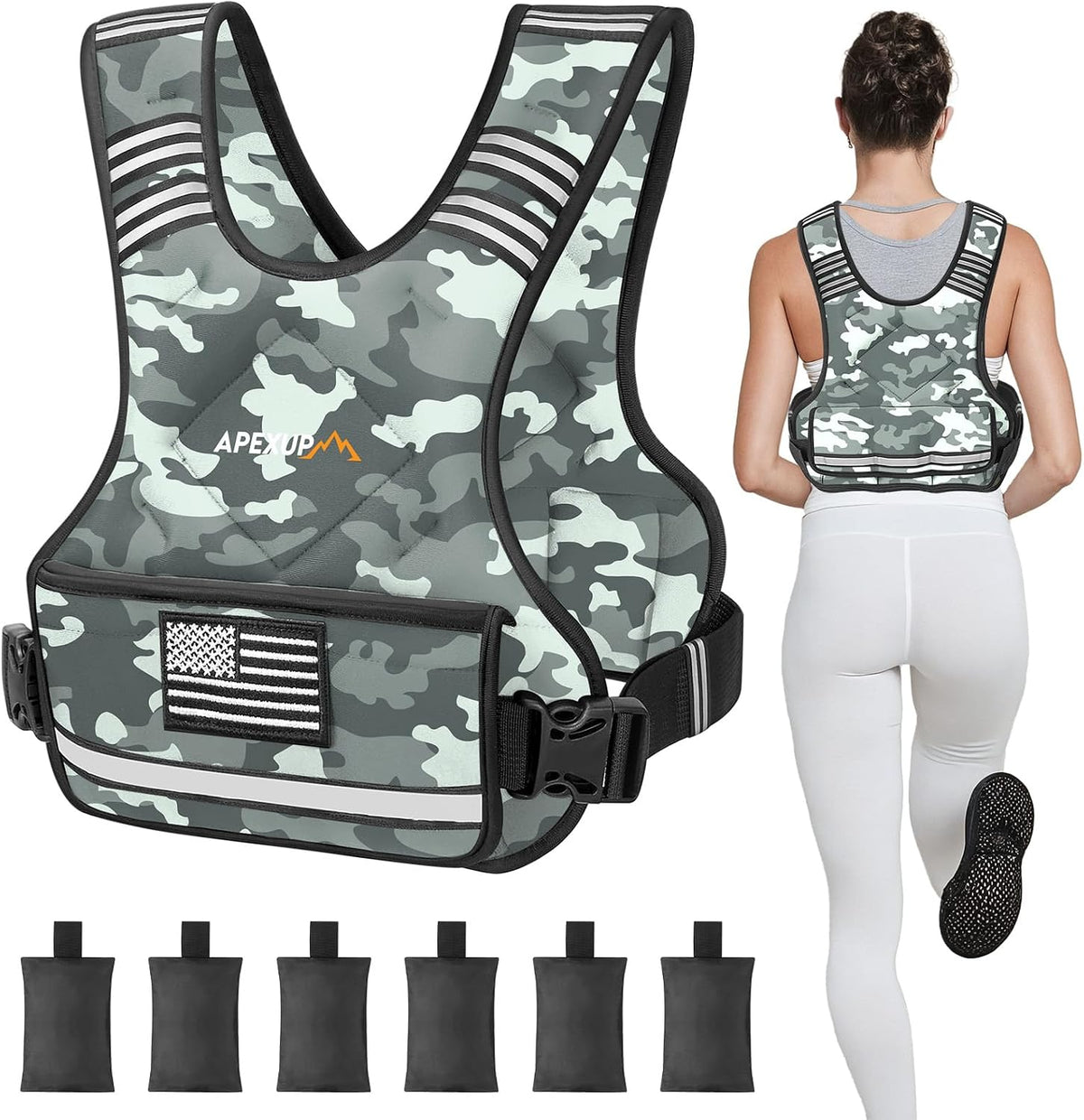 APEXUP Adjustable Weighted Vest, 4-10lb/12-18lb/20-32lb Vest with 6 Ironsand Weights and Large Pocket, Weight Vest for Men Women Strength Training, Running, Walking