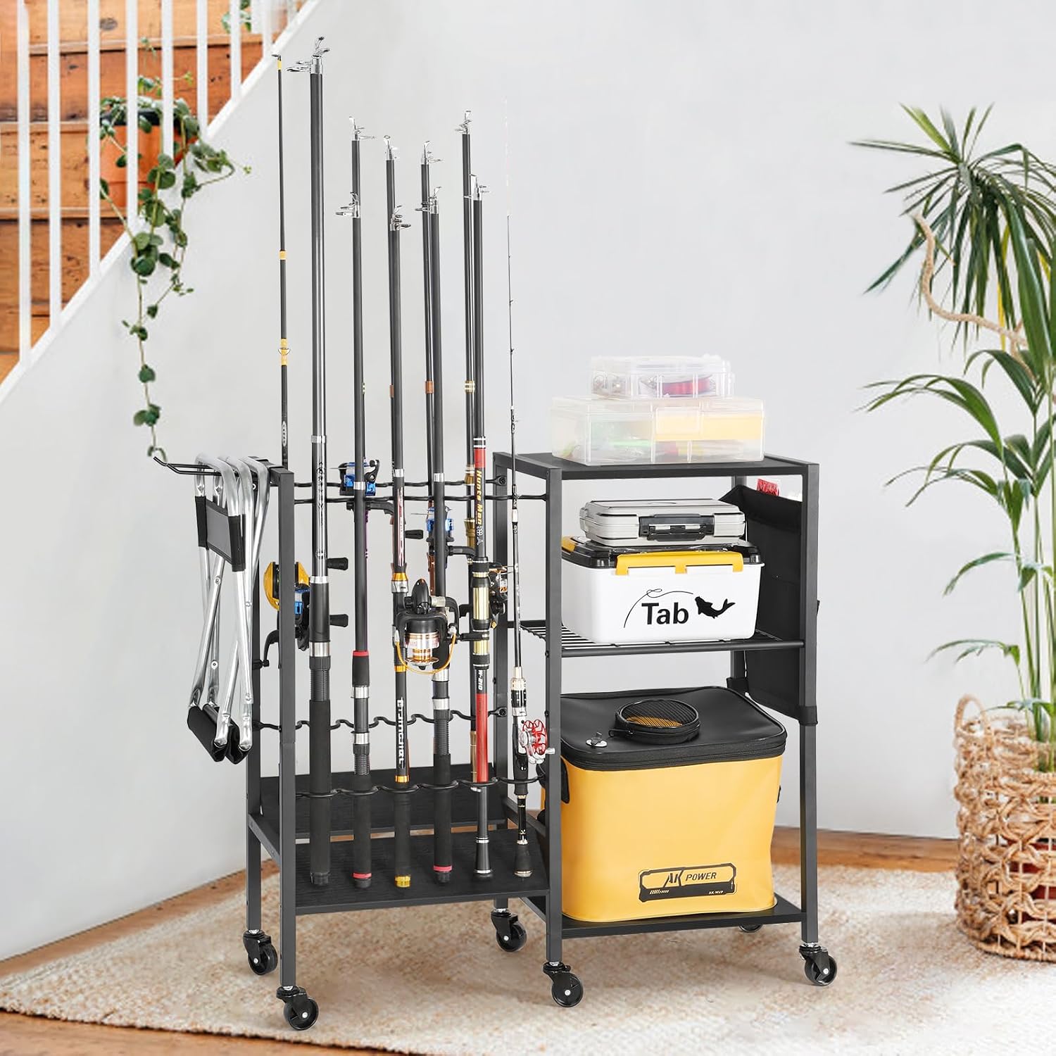Olakee Fishing Rod Holders, Rolling Fishing Rod Rack for Garage & Boat, Tackle Box & Reel Holder Cart, Easy Assembly Fishing Gear Management System, Ideal Birthday Gift for Men Dad Anglers