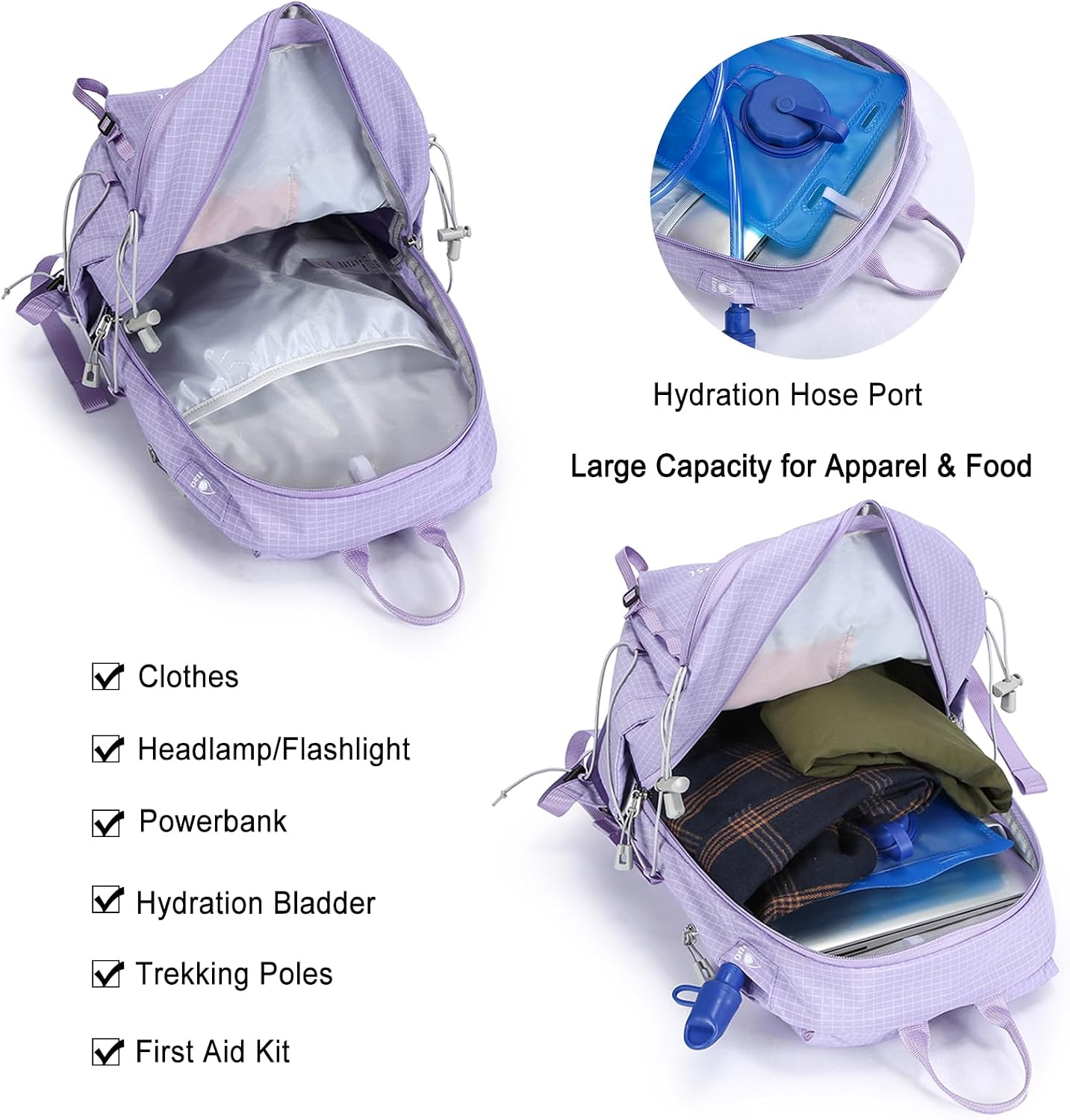 23L Lightweight Hiking Backpack, Travel Daypack with Pole Holder, Purple