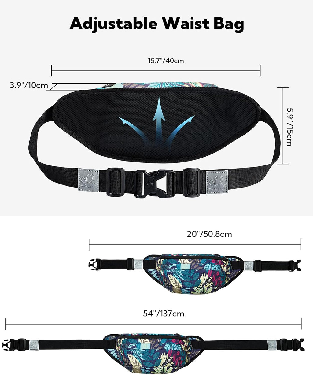 WATERFLY Fanny Pack for Men Women Water Resistant Large Hiking Waist Bag Pack Carrying All Phones for Running Walking Traveling (Black Leaf)