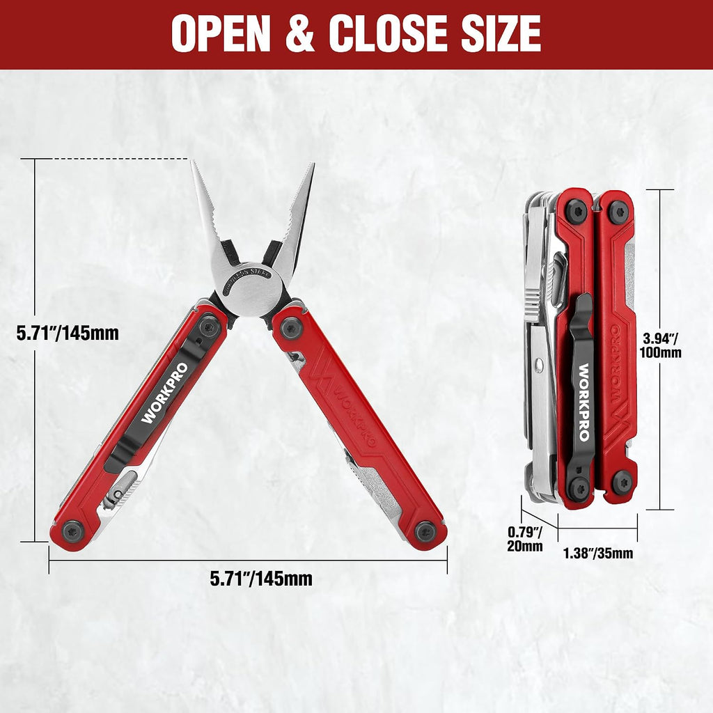 WORKPRO 18-in-1 Multi Tool Pliers Pocket Knife, 2 Safety Locks, EDC, Red | Gifts for Men Dad Women Wife, Stainless Steel Multitool, Belt Clip and Oxford Pouch, Utility Tool for Camping