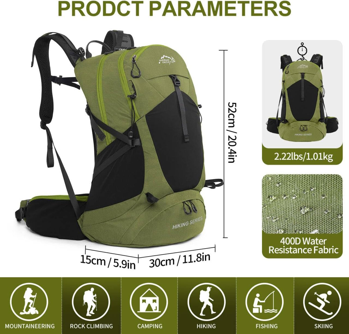 IX INOXTO Hiking Backpack, 26L/40L Waterproof Hiking Daypack with 3L Water Bladder and Rain Cover, Lightweight Travel Camping Backpack for Men Women (Dark Green)