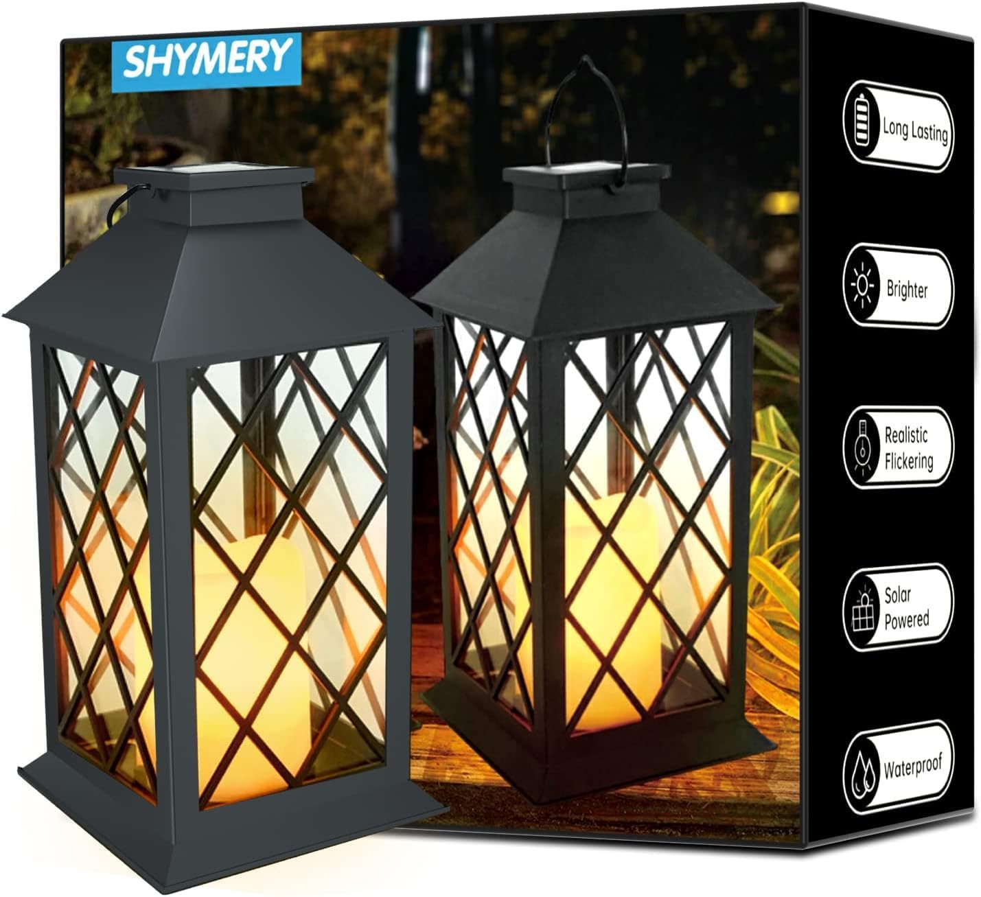 SHYMERY Solar Lanterns Outdoor Waterproof, 14 Inch Outdoor Lanterns with LED Flickering Flameless Candles,2 Pack Hanging Black Lantern Decorative for Patio,Front Porch,Balcony,Outside,Table Decor