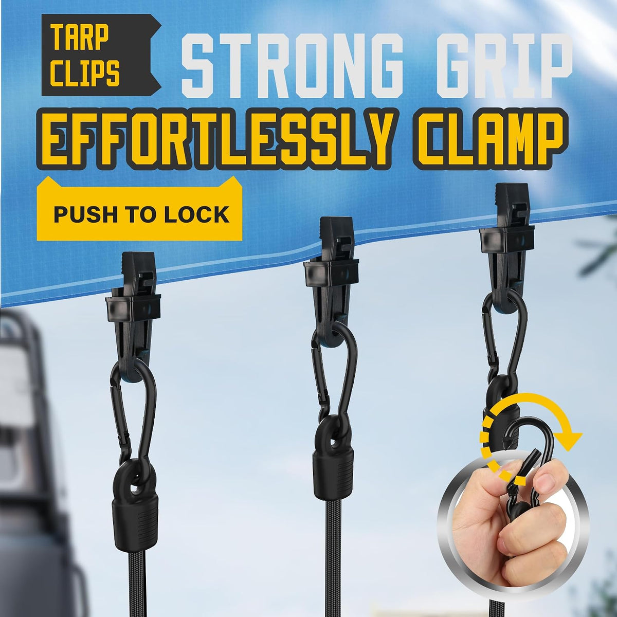 Rugtol Bungee Cords with Hooks, Upgrade 12pcs Assortment Heavy Duty Outdoor with 48'' Adjustable Bungee Cords Carabiner Black, 6'' Canopy Tarp Ball Ties and Tarp Clips for Tents, Cargo, Camping