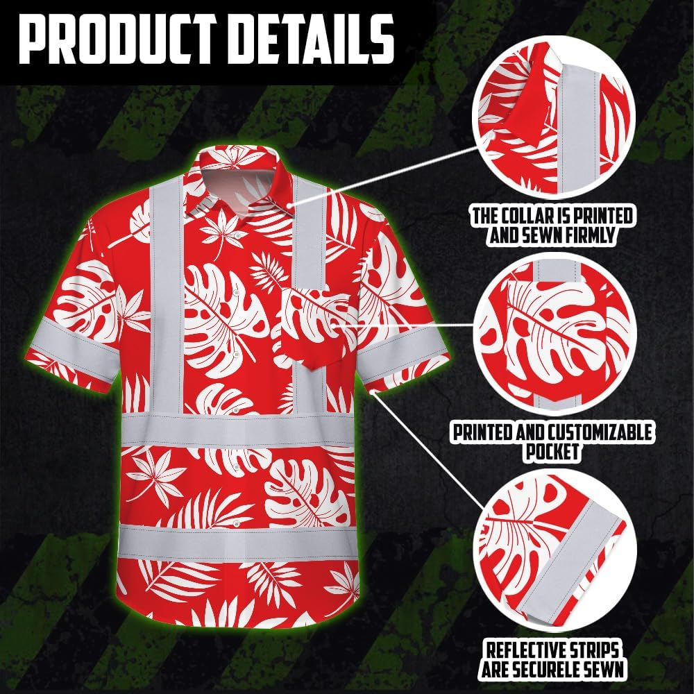 High Visibility Hawaiian Shirt for Men Tropical Shirts Custom Name Floral Outfit Reflective Safety Workwear