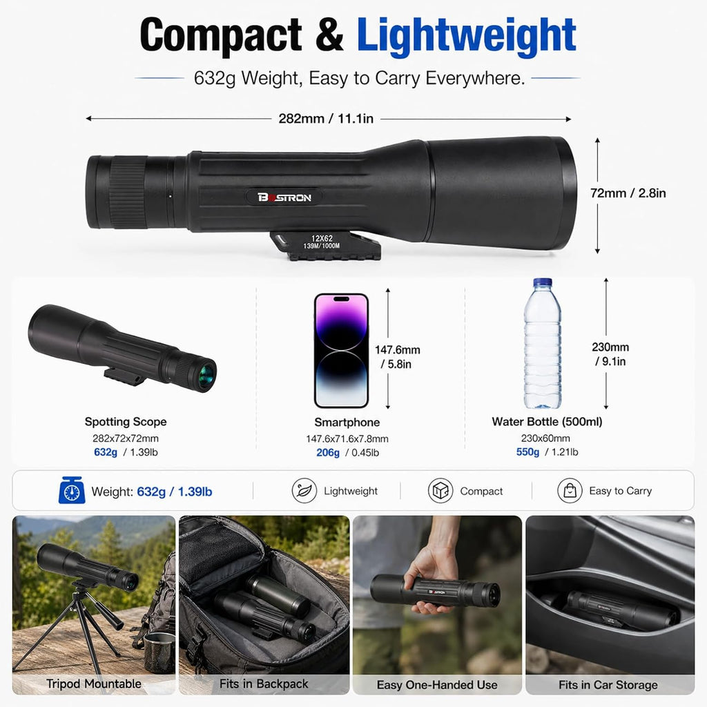 12X62 HD Monocular Telescope with Tripod for Adults Bird Watching, Black