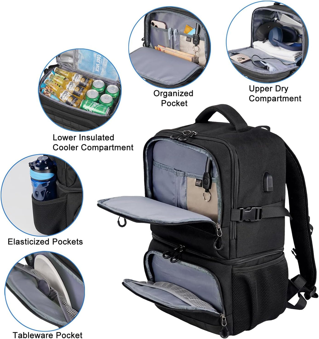 Tactical Double Deck Cooler Backpack 26L, Leak Proof Insulated Lunch Backpack with RFID Security USB Charging, Soft Cooler Bag for Men Work Camping Hiking Beach Picnic