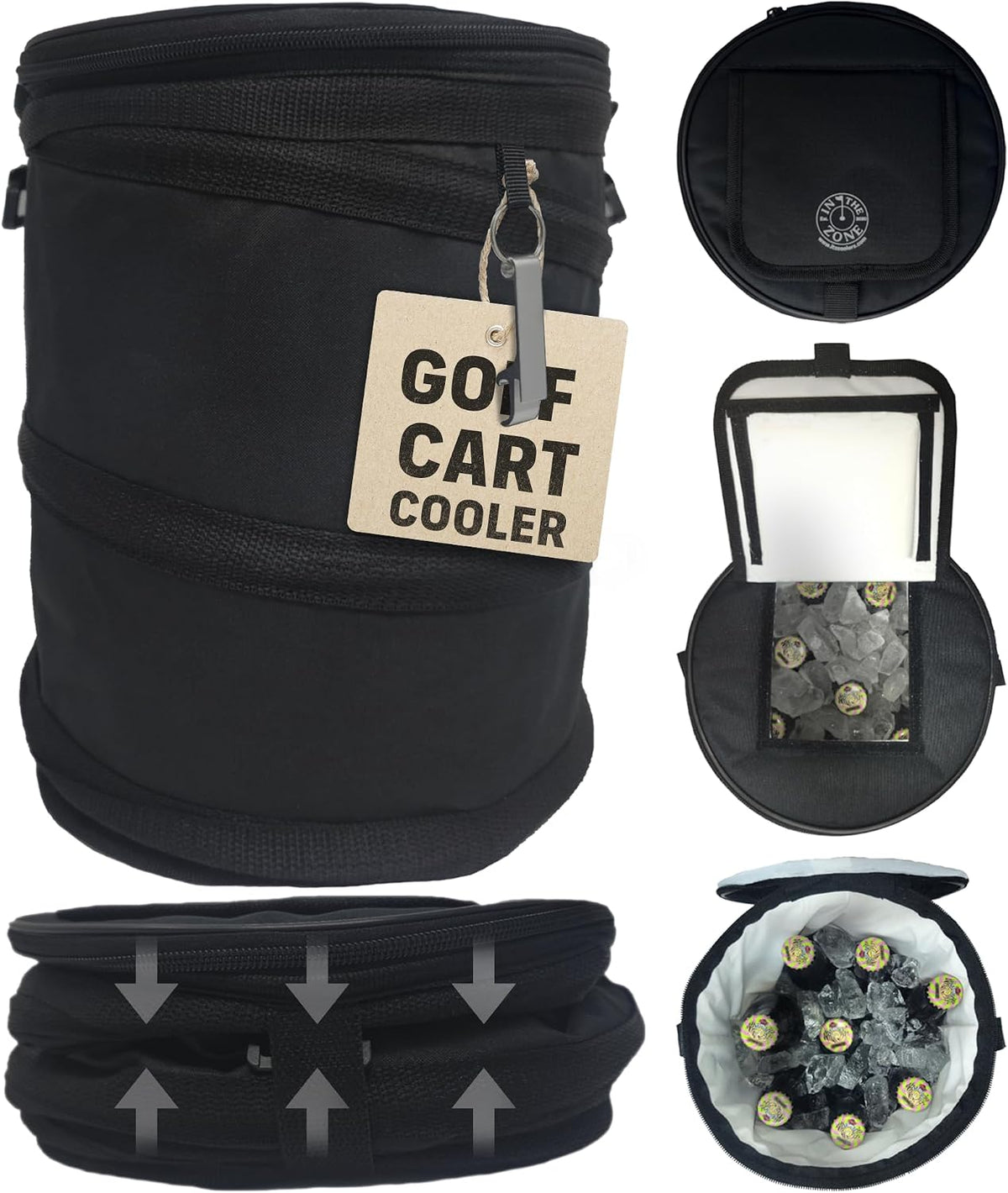 INTHEZONE Insulated Golf Cart Cooler, Collapsible Spring-Frame Bag, Black