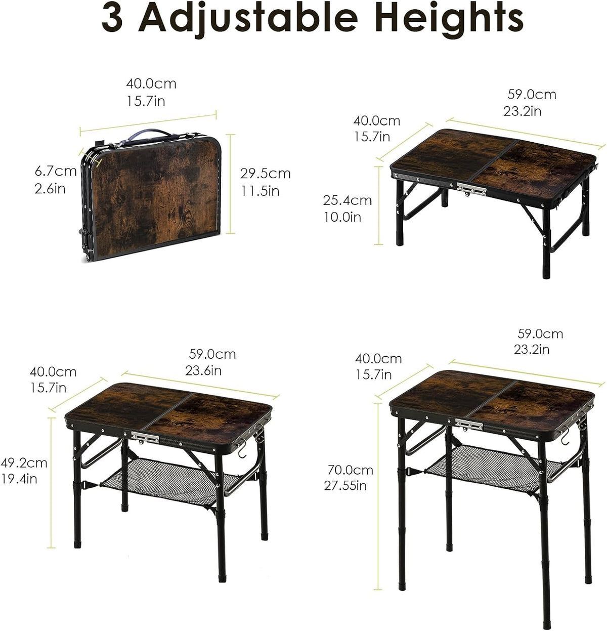 Folding Picnic Table 2ft Portable Camping Table Adjustable Heights