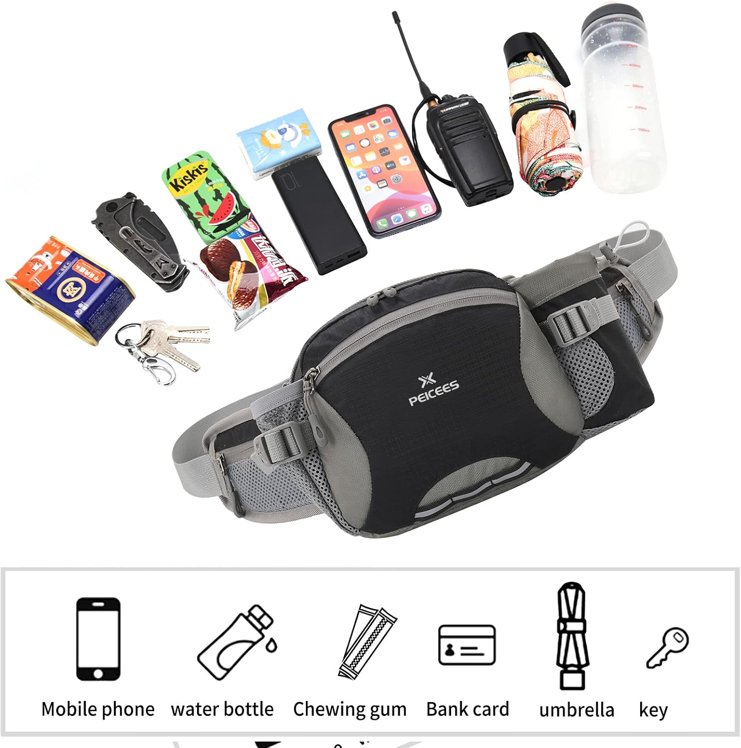 Peicees Hiking Fanny Pack Large Waist Bag for Men Women with Bottle Holder Water Resistant Lumbar Pack for Hiking Camping Fishing Outdoor (Bottle Not Included)