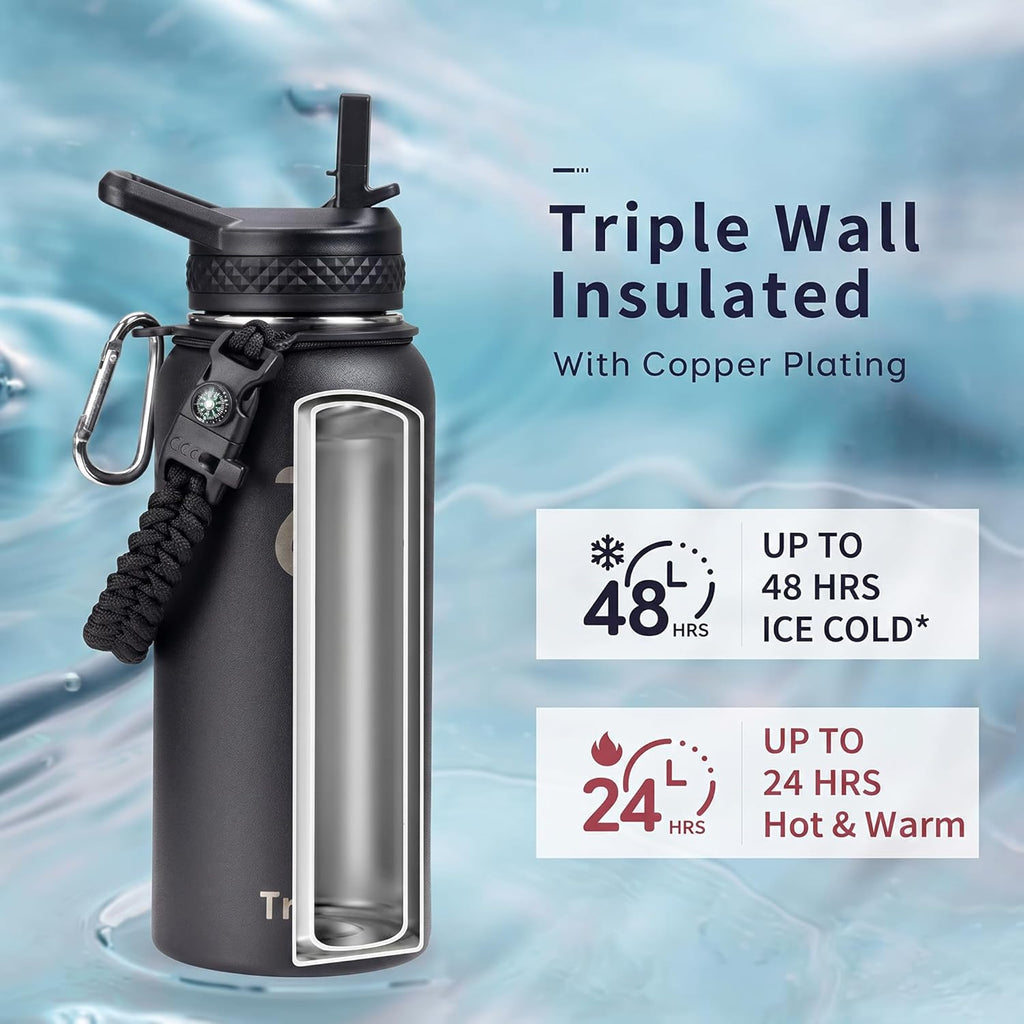 Trebo Insulated Water Bottle 32 oz with 3 Lids, Paracord Handle & Sleeve