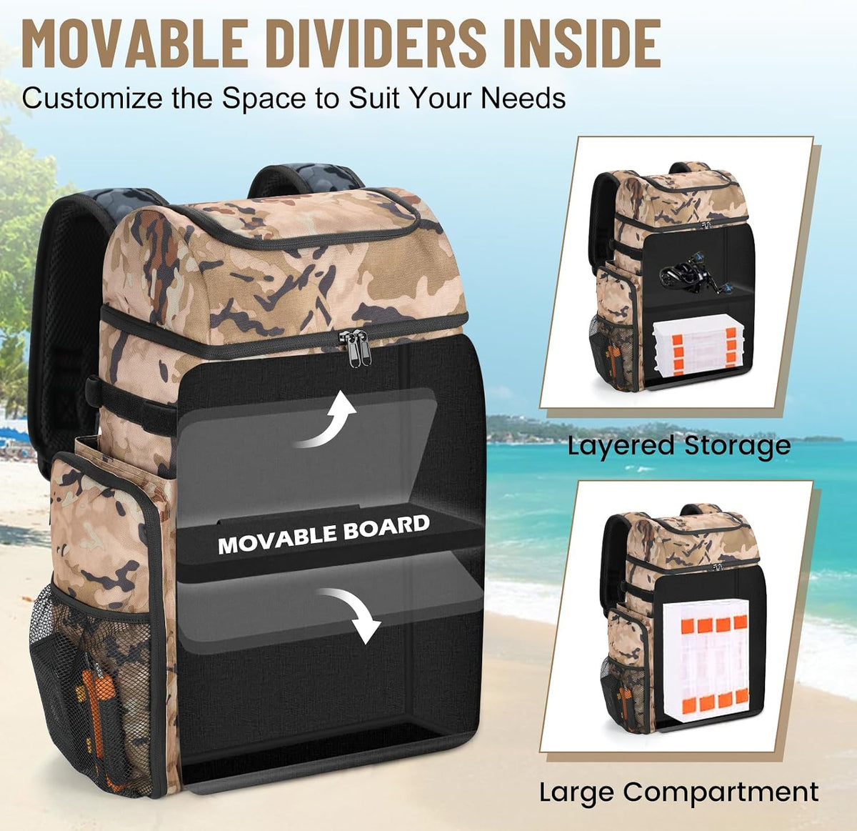 VJI 52L Large Fishing Tackle Backpack with Rod Holders, Khaki Camo