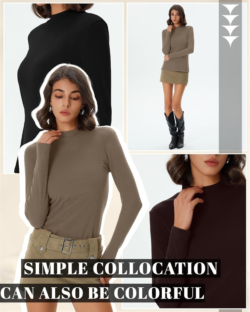 Evervibe 3 Pack Women's Ribbed Mock Neck Thermal Tops