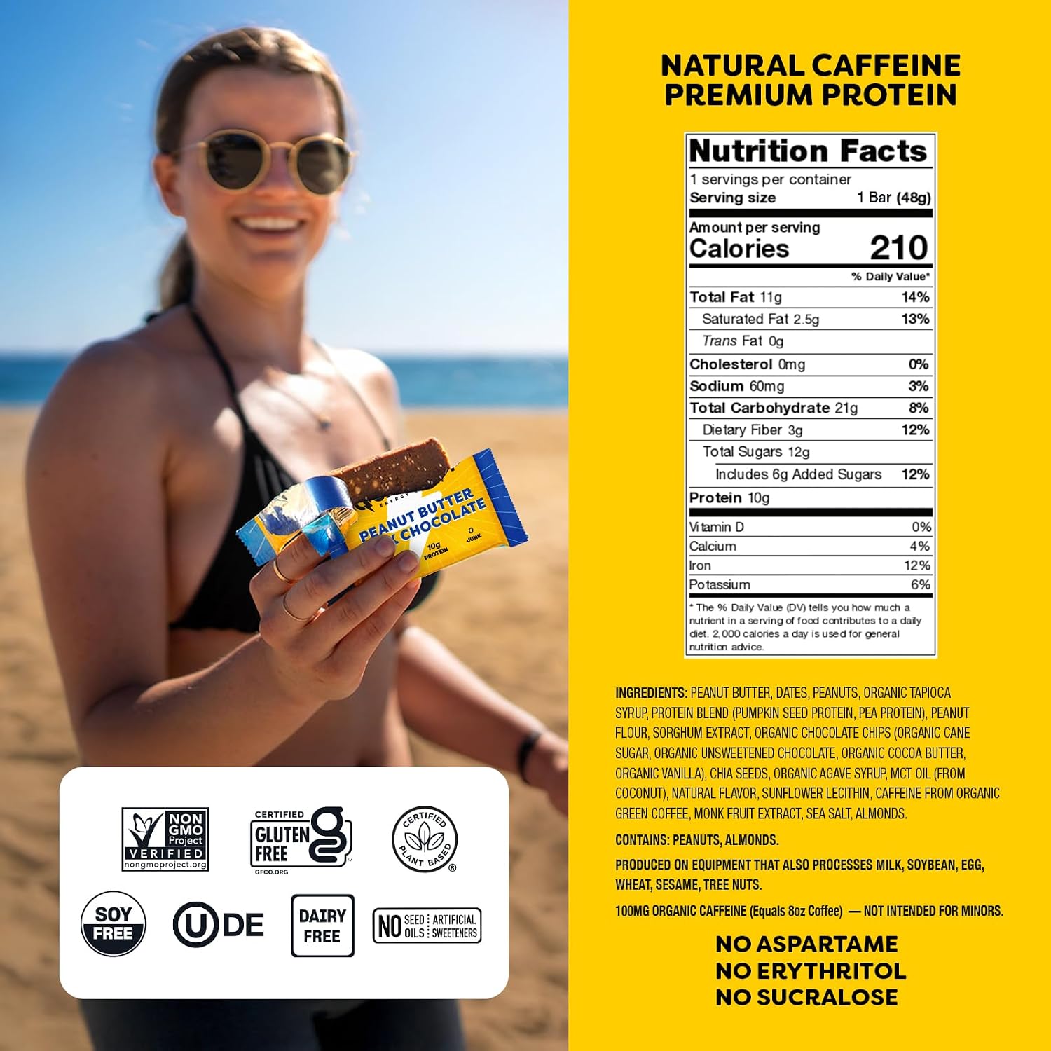 QES Energy Bar, Peanut Butter Chocolate, Caffeine, 10g Protein, Gluten Free