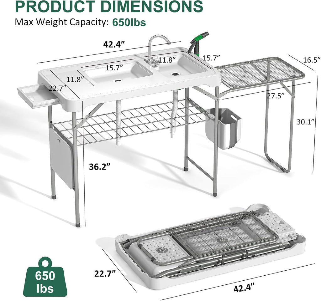 42.5" Fish Cleaning Table with Dual Sink for Camping, Picnic, White