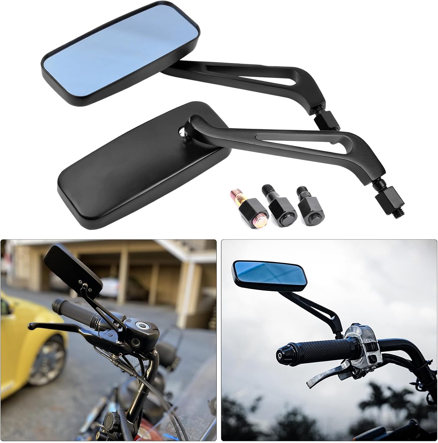 Black Rectangle Motorcycle Rearview Side Mirrors 10mm 8mm Compatible with Honda Shadow Kawasaki Suzuki Yamaha Cruiser Chopper