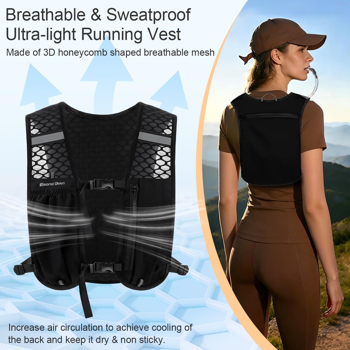 Running Vest Hydration Backpack for Men Women, Lightweight Breathable Hydration Packs, Adjustable Chest Straps Daypack, Reflective Water Running Vest for Marathon, Trail, Hiking, Cycling