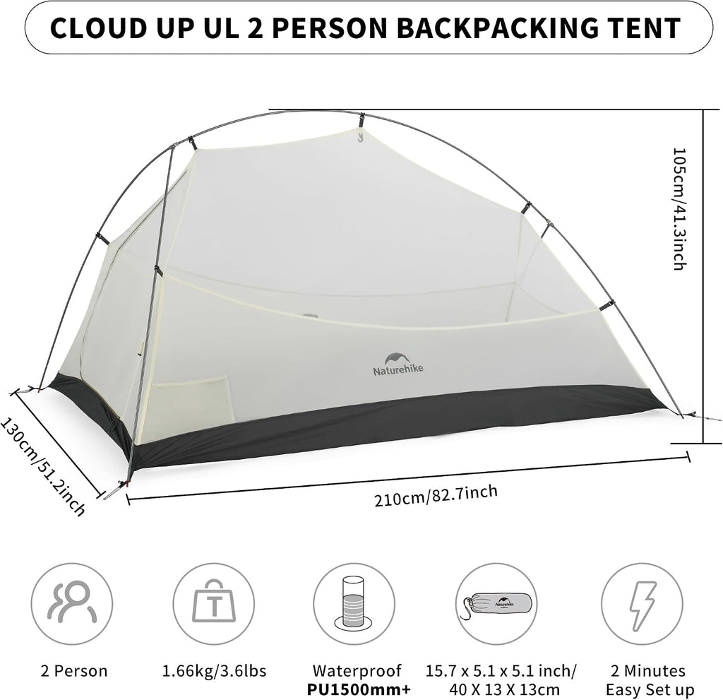 Naturehike Cloud-Up 2 Person Tent Lightweight Backpacking Tent with Footprint - Free Standing Ultralight Camping Hiking Backpack Tents Two Person Tent