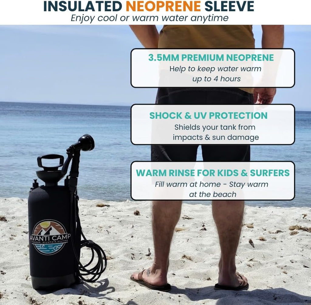 2.1 Gallon Pressurized Portable Camping Shower | 10-Mode Spray Head | Premium Neoprene Insulated Sleeve & Padded Shoulder Strap | Rinse Kit for Surf, Sand, RV, Road Trips & Pets | Black