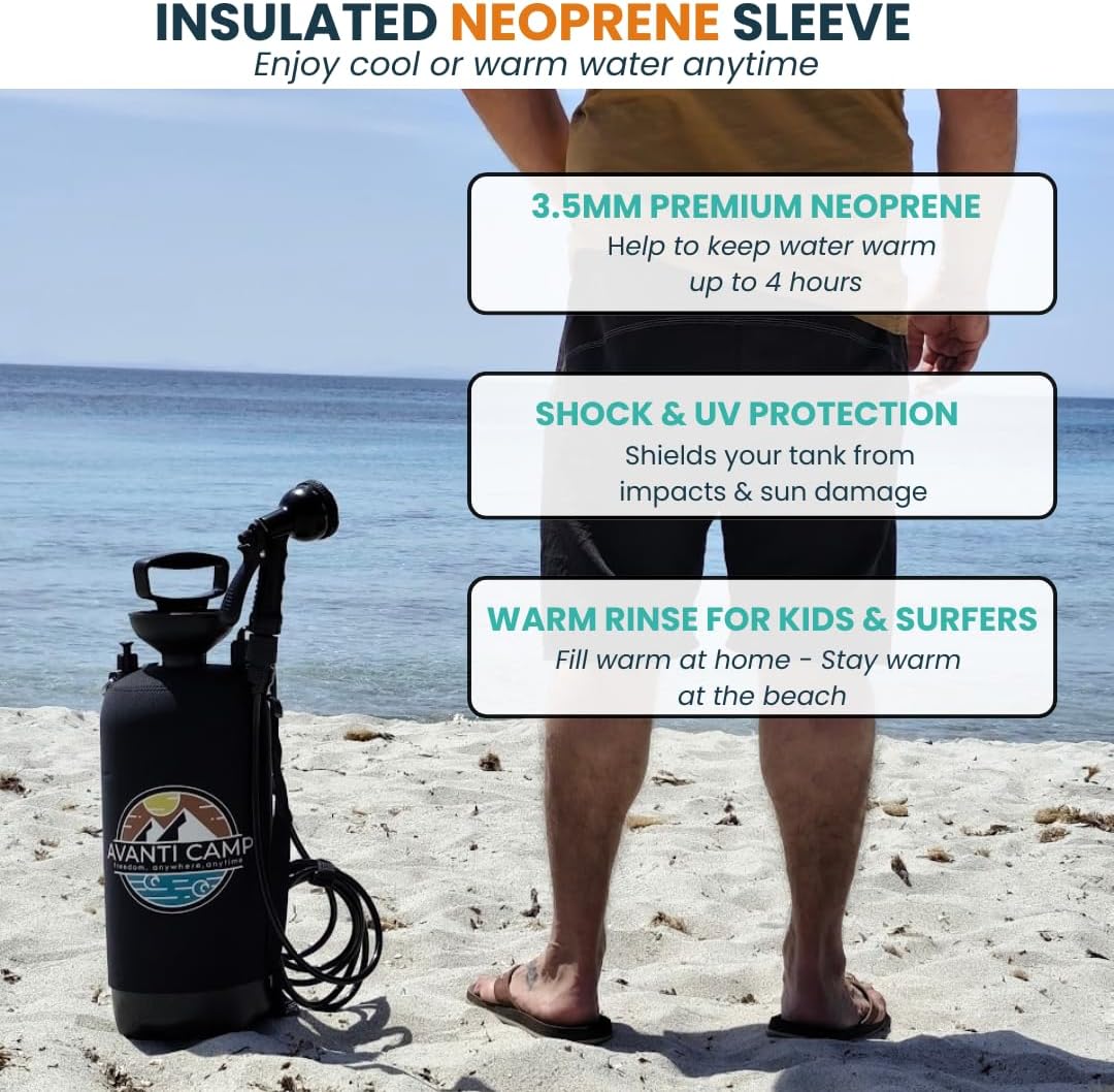 2.1 Gallon Pressurized Portable Camping Shower | 10-Mode Spray Head | Premium Neoprene Insulated Sleeve & Padded Shoulder Strap | Rinse Kit for Surf, Sand, RV, Road Trips & Pets | Black