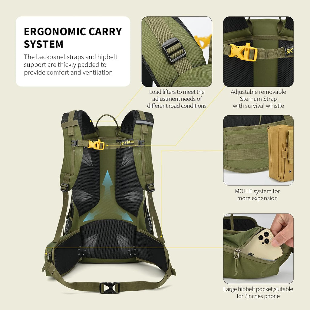 SKYSPER Hiking Backpack for Men Women, 35L Lightweight Travel Daypack, Outdoor Camping Back Pack with Multiple Compartments, Durable for Weekend Getaway