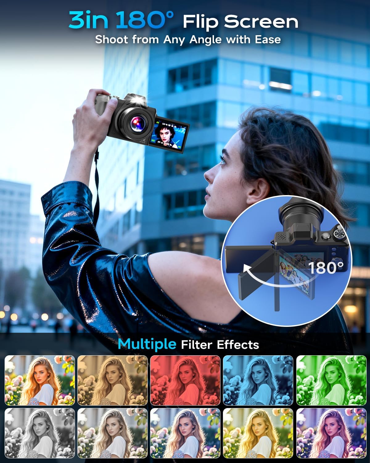 4K Digital Camera for Photography Travel, 56MP Autofocus Vlogging Camera for YouTube, 16X Zoom with 3" 180°Flip Screen & Lens Hood, 32GB Card, Gift Ideas for Teens & Beginners