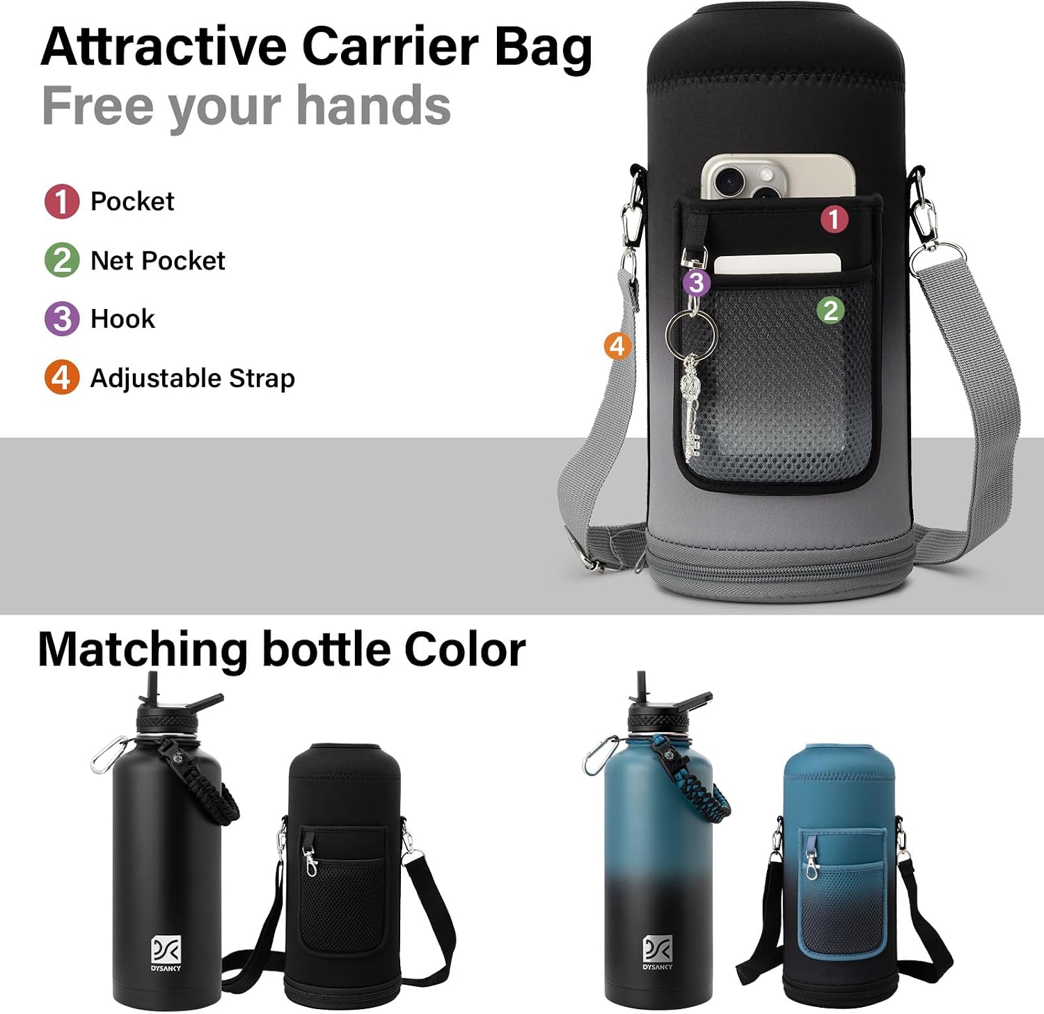 DYSANKY Insulated Water Bottle | Thickened Stainless Steel for Gym and Hiking with Straw, Carrier Bag, Handle Strap | BPA-Free 87 oz